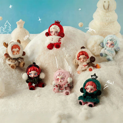 Collection of small dolls in winter-themed outfits on a snowy background with snowmen.