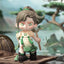 Animated character with green hair and outfit standing in a scenic background