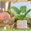 Two cute, cartoon-like plant-shaped objects with a blurred garden background