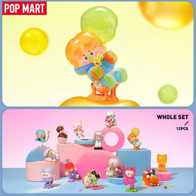 Colorful toy figures with balloons on a pastel background, featuring the Pop Mart brand.