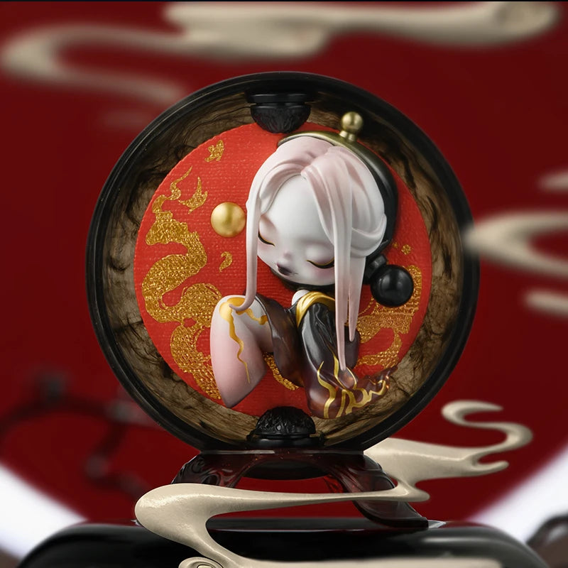 Decorative item with a stylized character on a red background