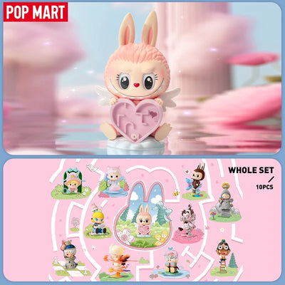 Toy figure with bunny ears holding a heart-shaped object on a pink background with 'Pop Mart' branding.