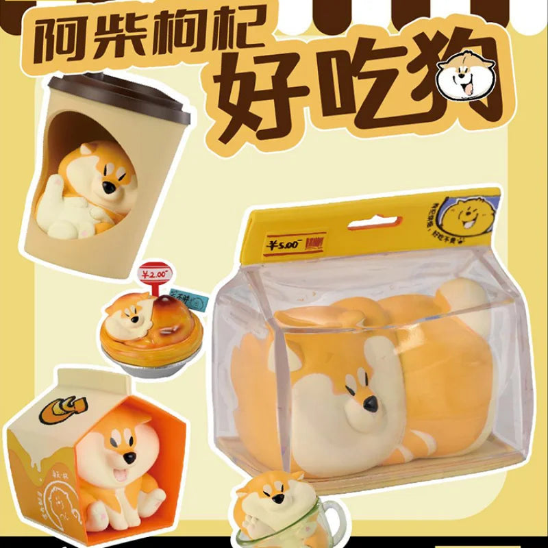 Packaging of a cartoon dog toy with various views on a yellow background