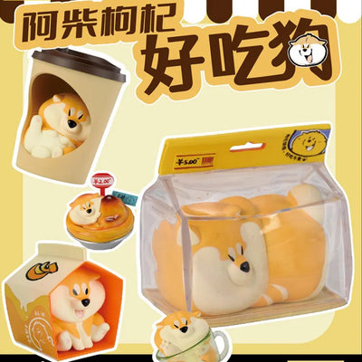 Packaging of a cartoon dog toy with various views on a yellow background