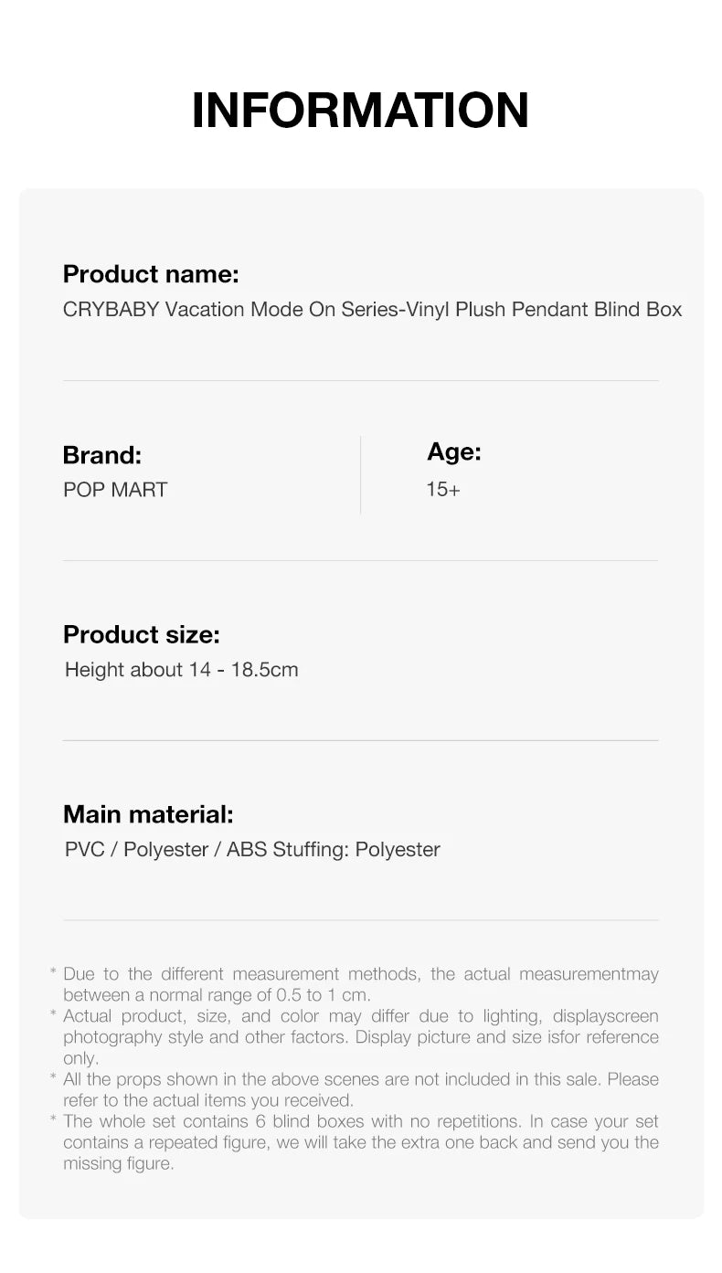 POP MART Crybaby Vacation Mode On Vinyl Plush Pendant Blind Box