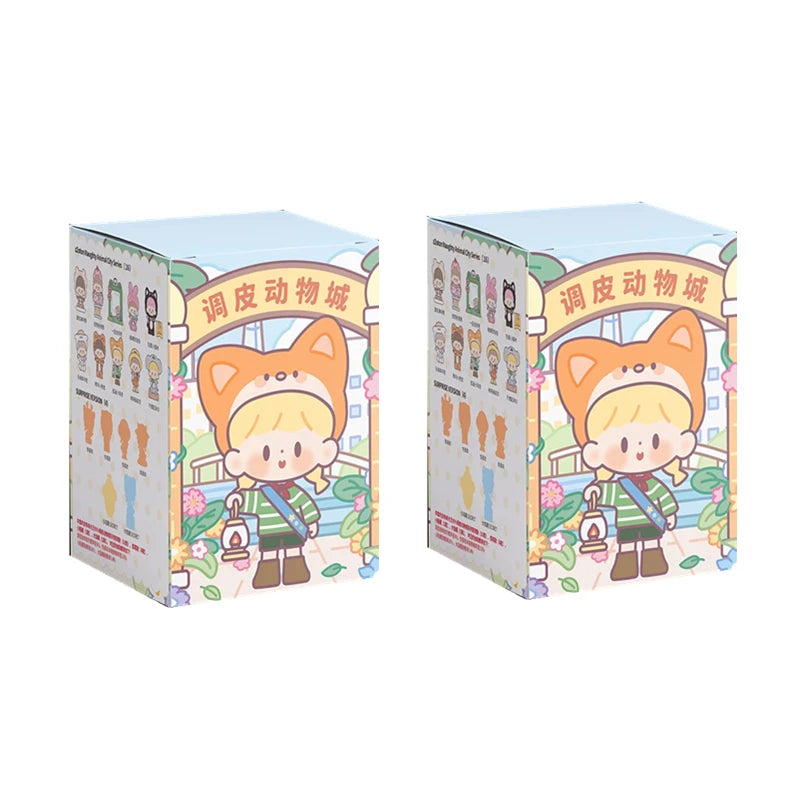 Two cartoon character boxes with a child and animal design on a white background