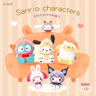 Sanrio character figurines on a pink background with 'MOETCH' branding