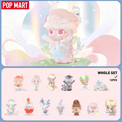 Set of cute figurines with 'Pop Mart' branding on a pastel background