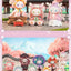Collection of colorful cartoon-like figurines in a cherry blossom setting