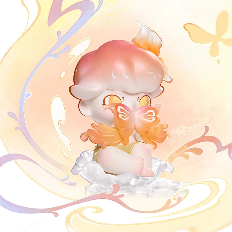 Cute cartoon character with butterfly wings on a soft, pastel background