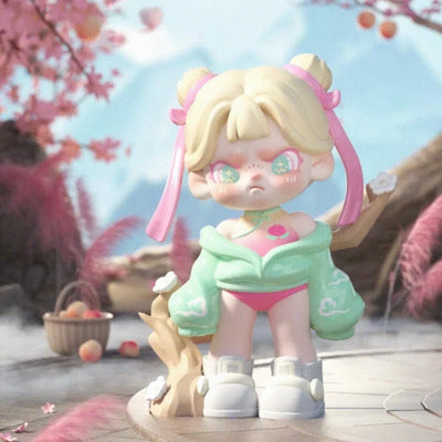 Toy figure with blonde hair and pink bows in a cherry blossom setting