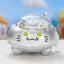 Silver cat-shaped pouch with green eyes and black whiskers on a white background