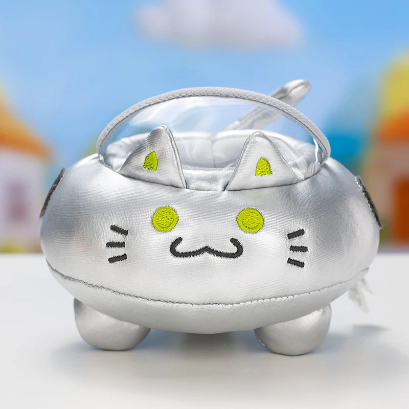Silver cat-shaped pouch with green eyes and black whiskers on a white background
