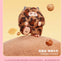 Plush toy resembling a caramel leopard on a pink background with text.