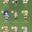 Collection of cartoon figurines with labels on a green background