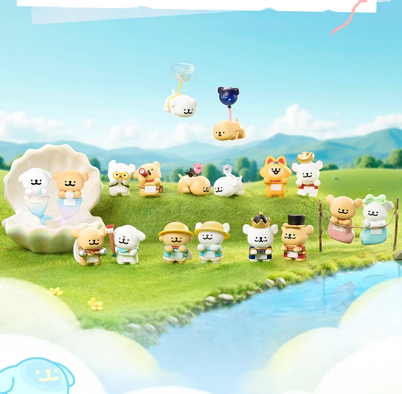 Collection of cartoon animal figurines in various poses on a grassy field with mountains in the background.