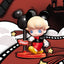 Cartoon character with black ears and red outfit on a film reel background
