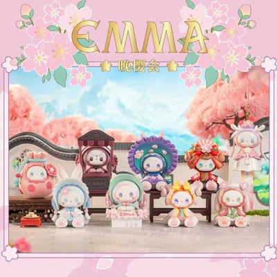 Colorful cartoon characters with cherry blossom trees and 'EMMA' branding.