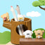 Wooden pencil holder with cartoon animal characters against a colorful background