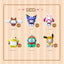 Set of six cartoon character figurines with labels on a beige background