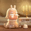 Cute cartoon character with a glowing light bulb head in an elegant room with candles and a candelabrum.