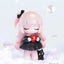 Pink-haired figurine holding a red heart with a black cat on a light gray background