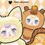 Packaging for plush and keychain featuring cartoon characters in costumes on a patterned background.