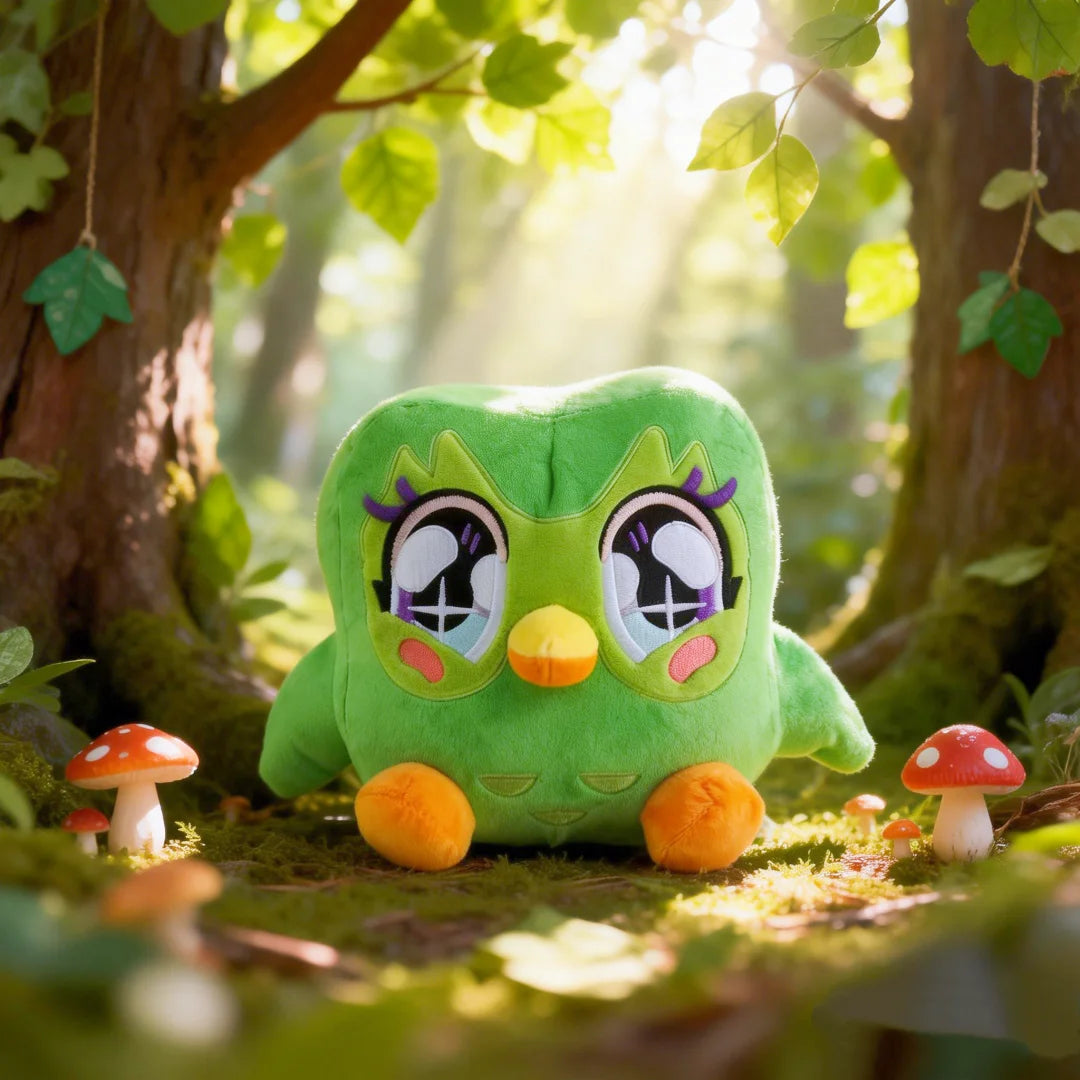 Kawaii Duolingo Green Owl Plush Toy Plushie of packaging view