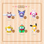 Set of five cartoon character plush toys on a beige background with heart symbols.