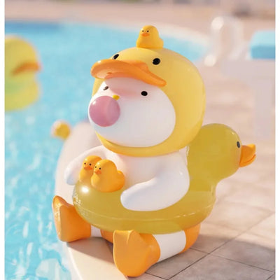 Inflatable duck toy with a smaller duck inside, set against a pool background.
