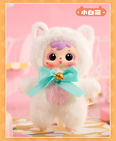 Samuel Cat Party Plush Blind Box – white cat pendant plush with mint bow