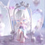Animated character with white hair and cat ears sitting on a throne-like chair with a soft, blurred background.