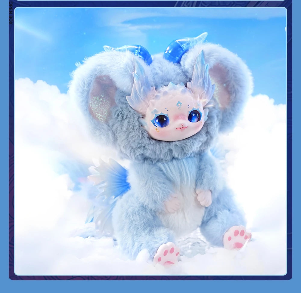 Plush toy with angelic design on a cloud background