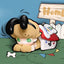 Cartoon character with a dog-like appearance sitting next to a signpost with 'Home' written on it.