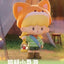 Cartoon character with fox ears standing in a camping scene, holding a lantern.