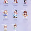 Collection of stylized figurines with various poses and outfits on a light purple background.