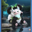 Fantasy creature with black fur, white face, and green accents standing on rocks with a blue border.