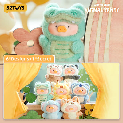 Plush toy in a green costume with a yellow background, featuring 52Toys branding.