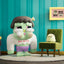 Cartoonish character with a sad expression sitting on a green chair against a teal striped wall.