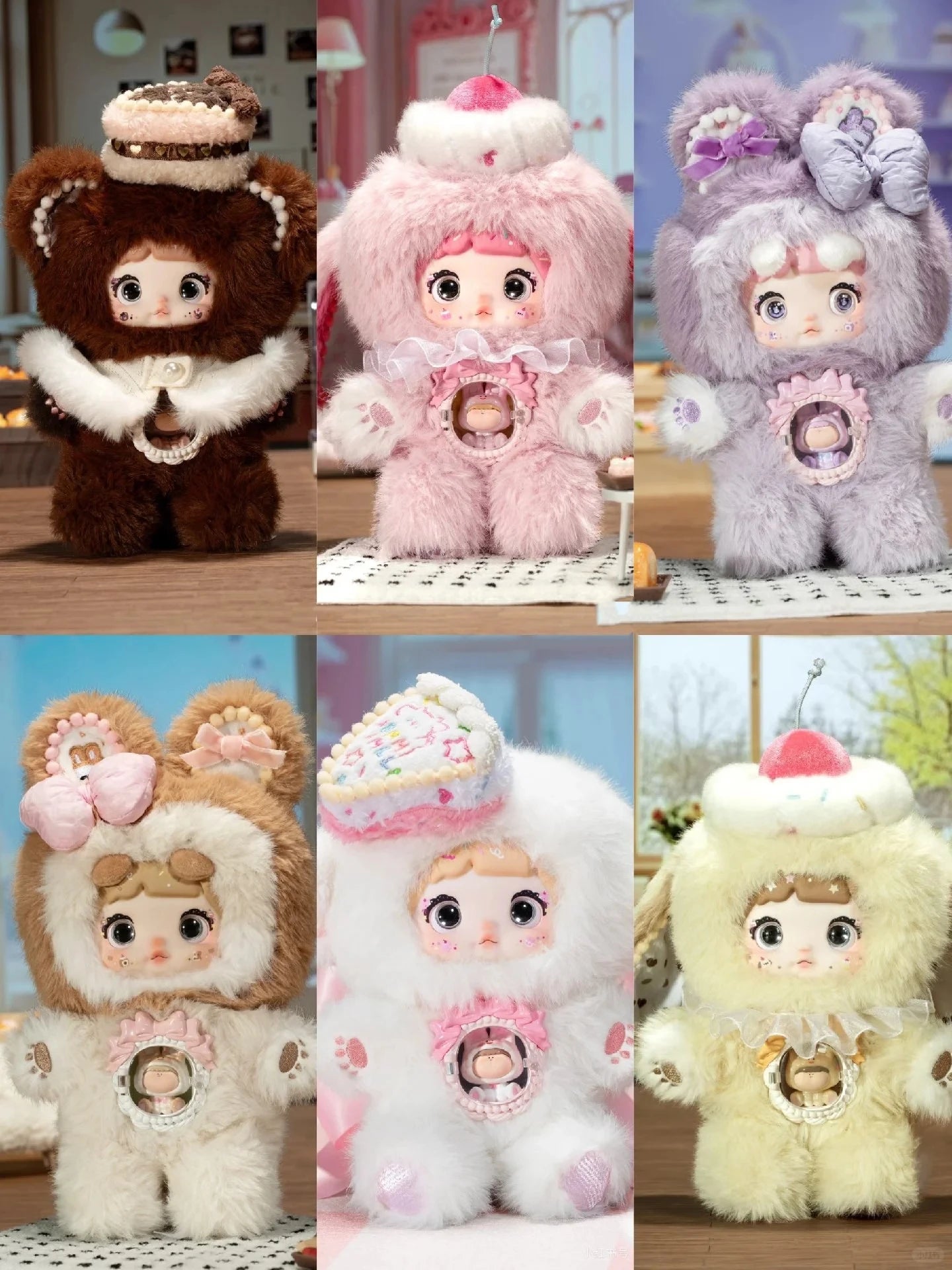 Collage of plush toys with different colors and designs on a wooden surface.