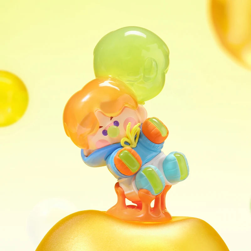 Colorful toy figure with balloons on a yellow background