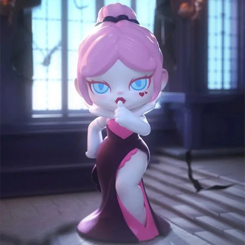 Animated character with pink hair and a black and pink dress in a dimly lit room.