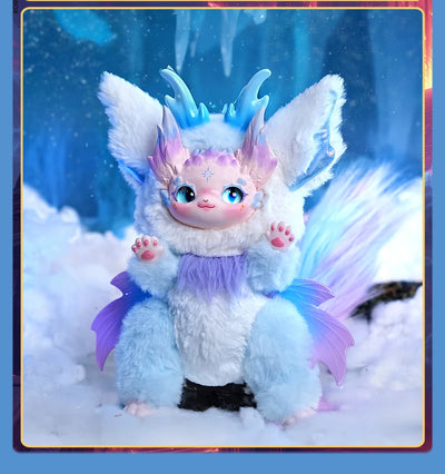 Fantasy creature with white fur, blue accents, and purple wings in a snowy landscape.
