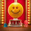 Yellow smiley face lamp with crossed eyes on a red background with lights