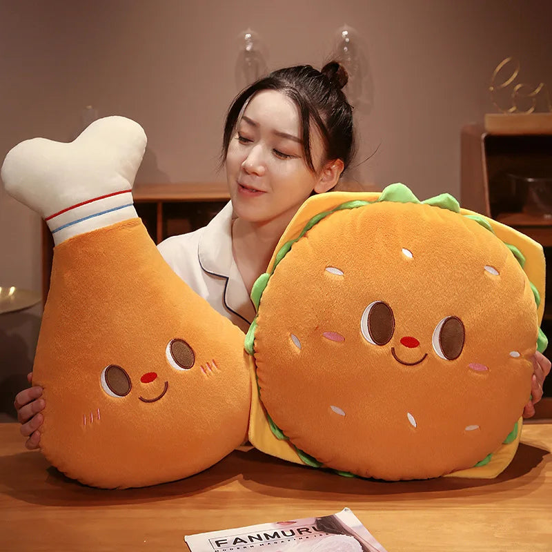 Fried Chicken Burger Plush Pillow – Kawaii Food Plush Toy