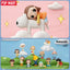 Collection of small figurines on a grassy hill with a pink sky and clouds, featuring the Pop Mart brand.