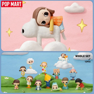 Collection of small figurines on a grassy hill with a pink sky and clouds, featuring the Pop Mart brand.