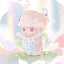 Cute cartoon character with pink hair and red eyes against a pastel background
