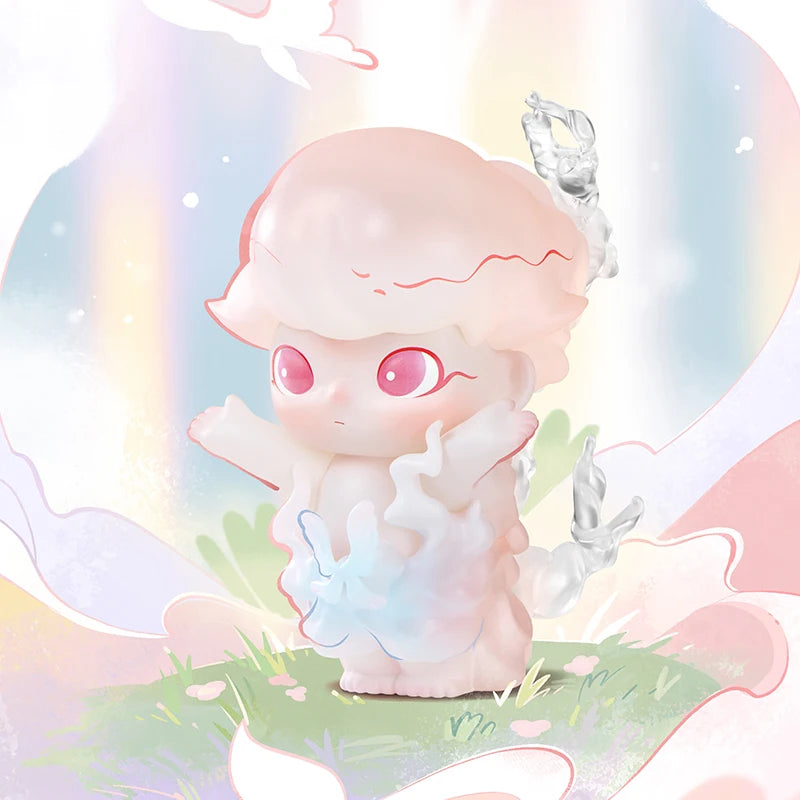 Cute cartoon character with pink hair and red eyes against a pastel background