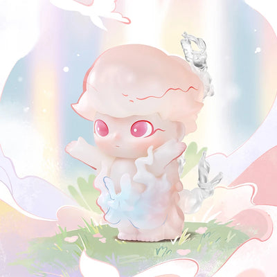Cute cartoon character with pink hair and red eyes against a pastel background
